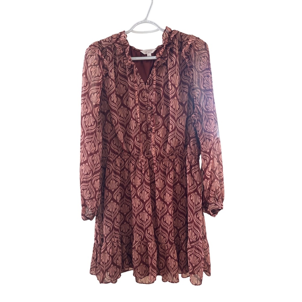 Lauren Conrad Women's Burgundy Floral‎ Print Gold Detail Long Sleeve Dress XL